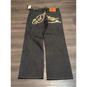 Ed Hardy Mens Gold Foil Logo Wide Leg Denim Jeans Dark Wash 36x34 NWT Lot 2008